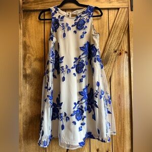 Beige by eci Blue Floral Embroidered Dress.  Size Medium. 38” Bust 34” Length